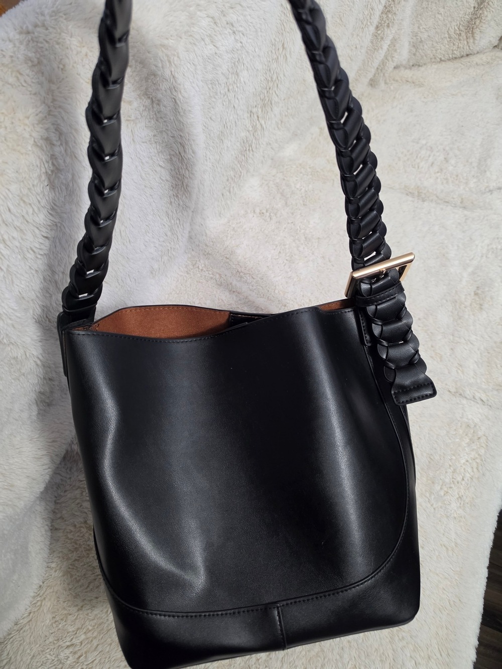 H&M Black Bucket Bag Braided Strap Gold Buckle